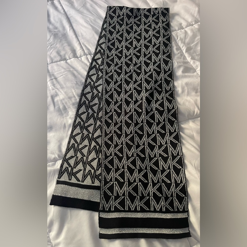 Michael Kors Black & Metallic Silver MK Logo Knit Scarf | Monogram | Winter